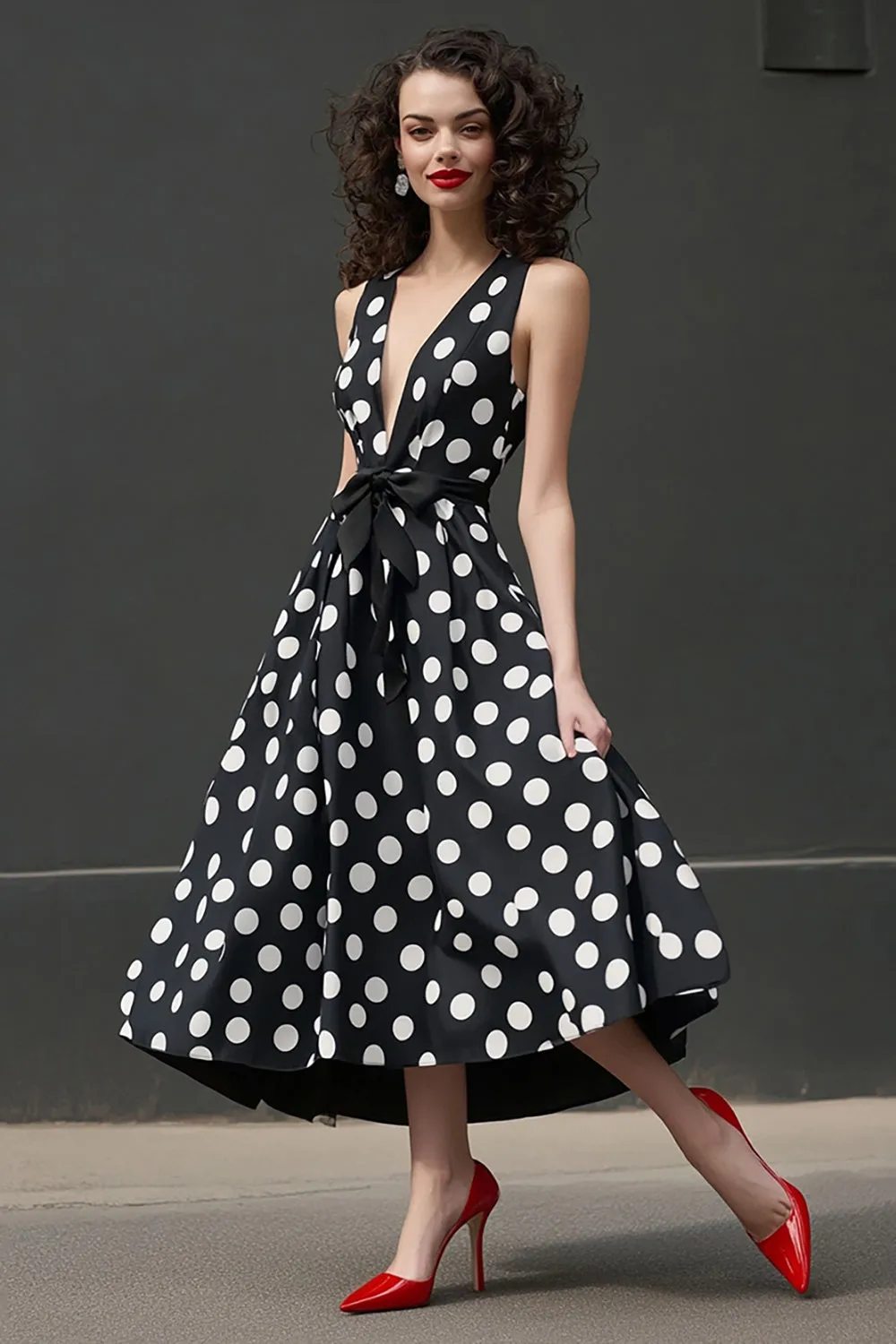 Black White A Line V-Neck Polka Dots Dress sold by Zapaka