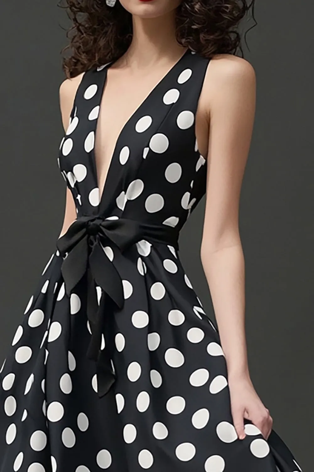 Black White A Line V-Neck Polka Dots Dress sold by Zapaka product image thumbnail 2