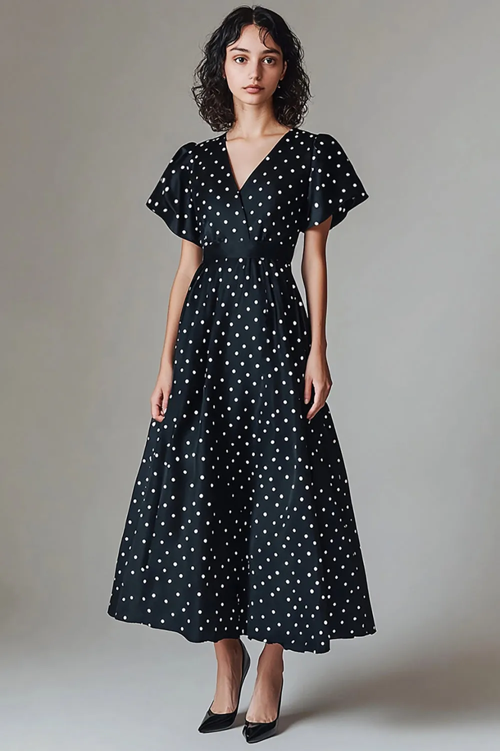 Black White A Line V Neck Long Polka Dots Dress sold by Zapaka