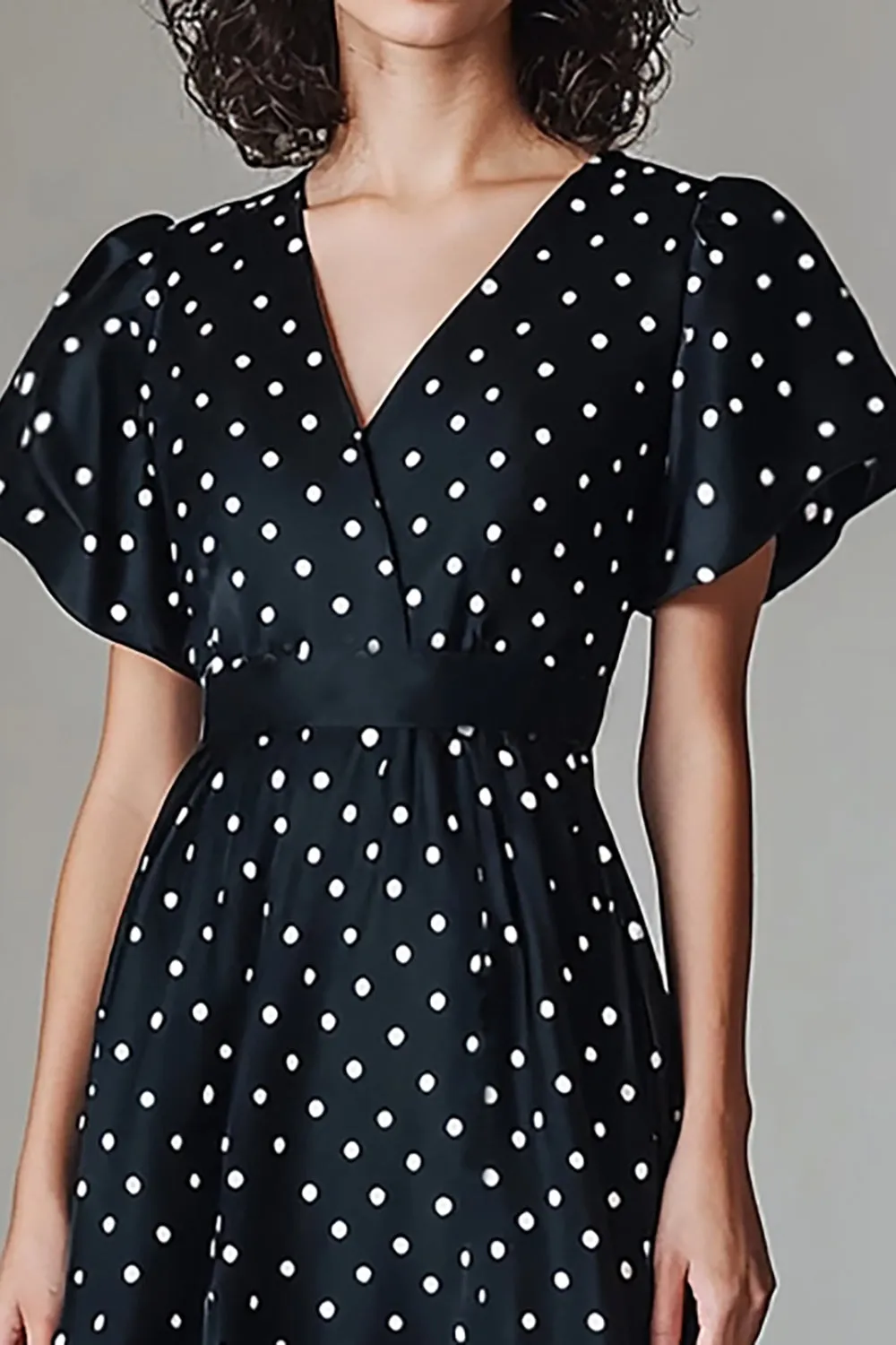 Black White A Line V Neck Long Polka Dots Dress sold by Zapaka product image thumbnail 2