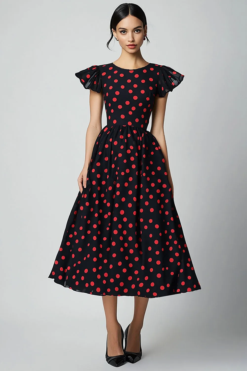 A Line Ruffled Sleeves Red Polka Dots Dress sold by Zapaka