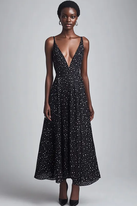 Black A Line V-Neck Long White Polka Dots Dress sold by Zapaka