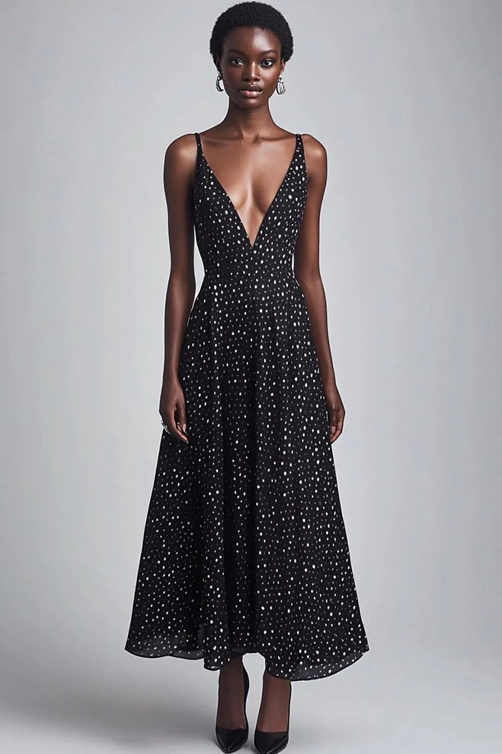 Black A Line V-Neck Long White Polka Dots Dress sold by Zapaka