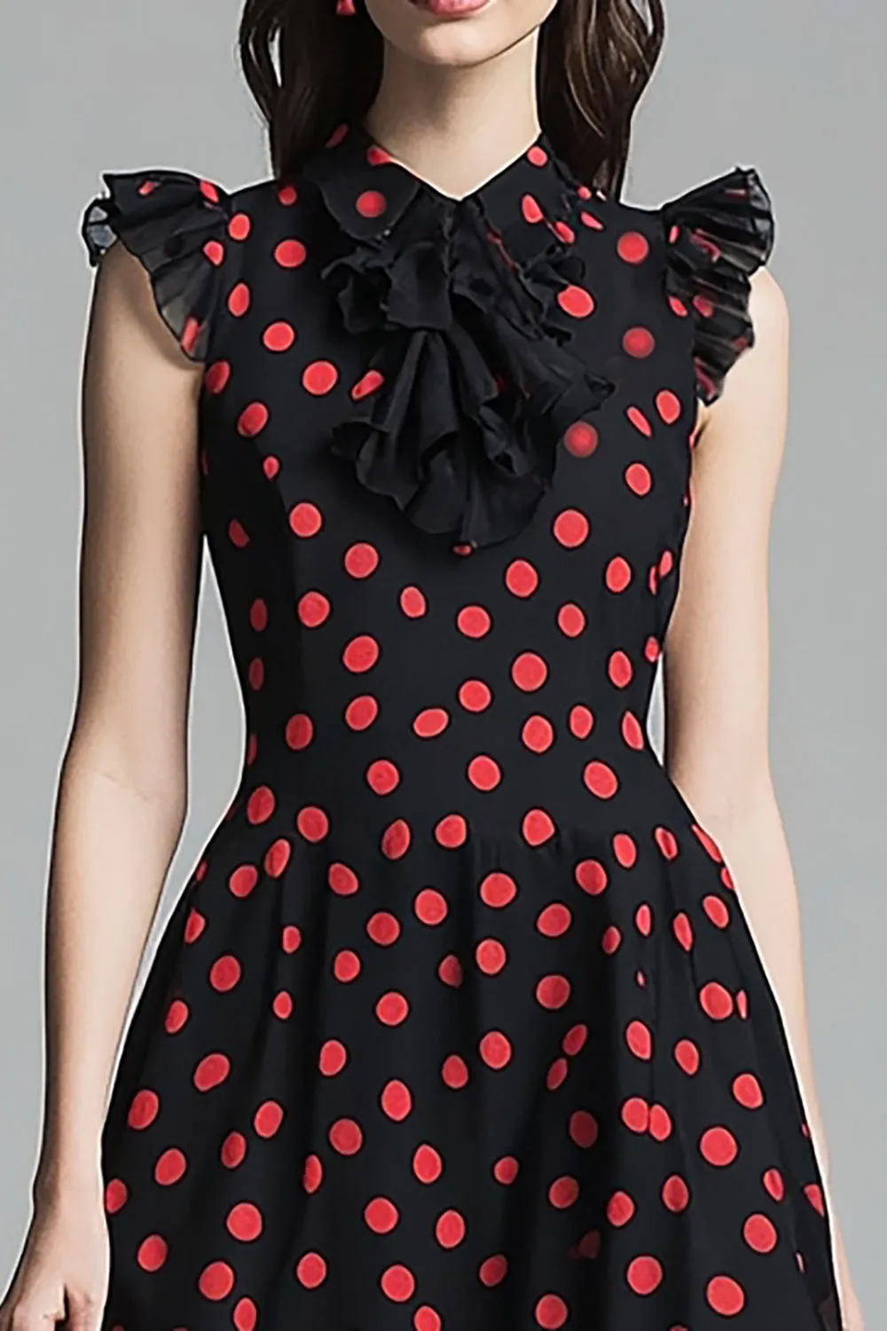 Black A Line Ruffled Red Polka Dots Dress sold by Zapaka product image thumbnail 2