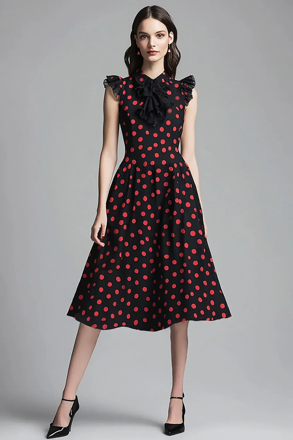 Black A Line Ruffled Red Polka Dots Dress sold by Zapaka