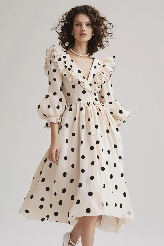Ivory A Line V Neck Ruffled Black Polka Dots Dress with Puff Sleeves sold by Zapaka