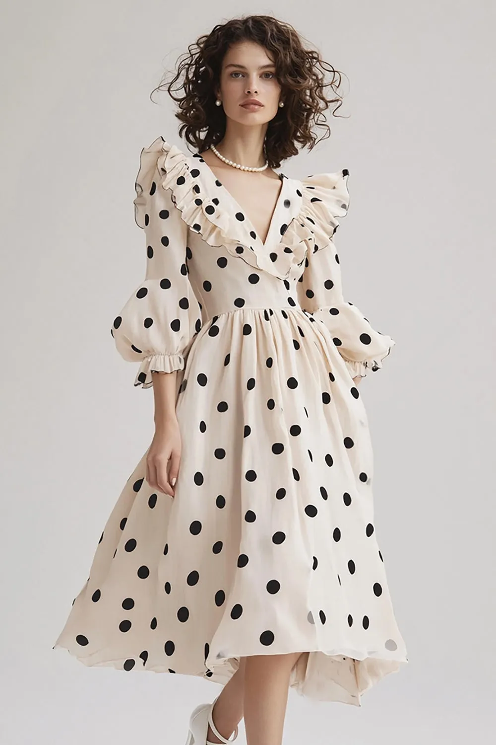 Ivory A Line V Neck Ruffled Black Polka Dots Dress with Puff Sleeves sold by Zapaka