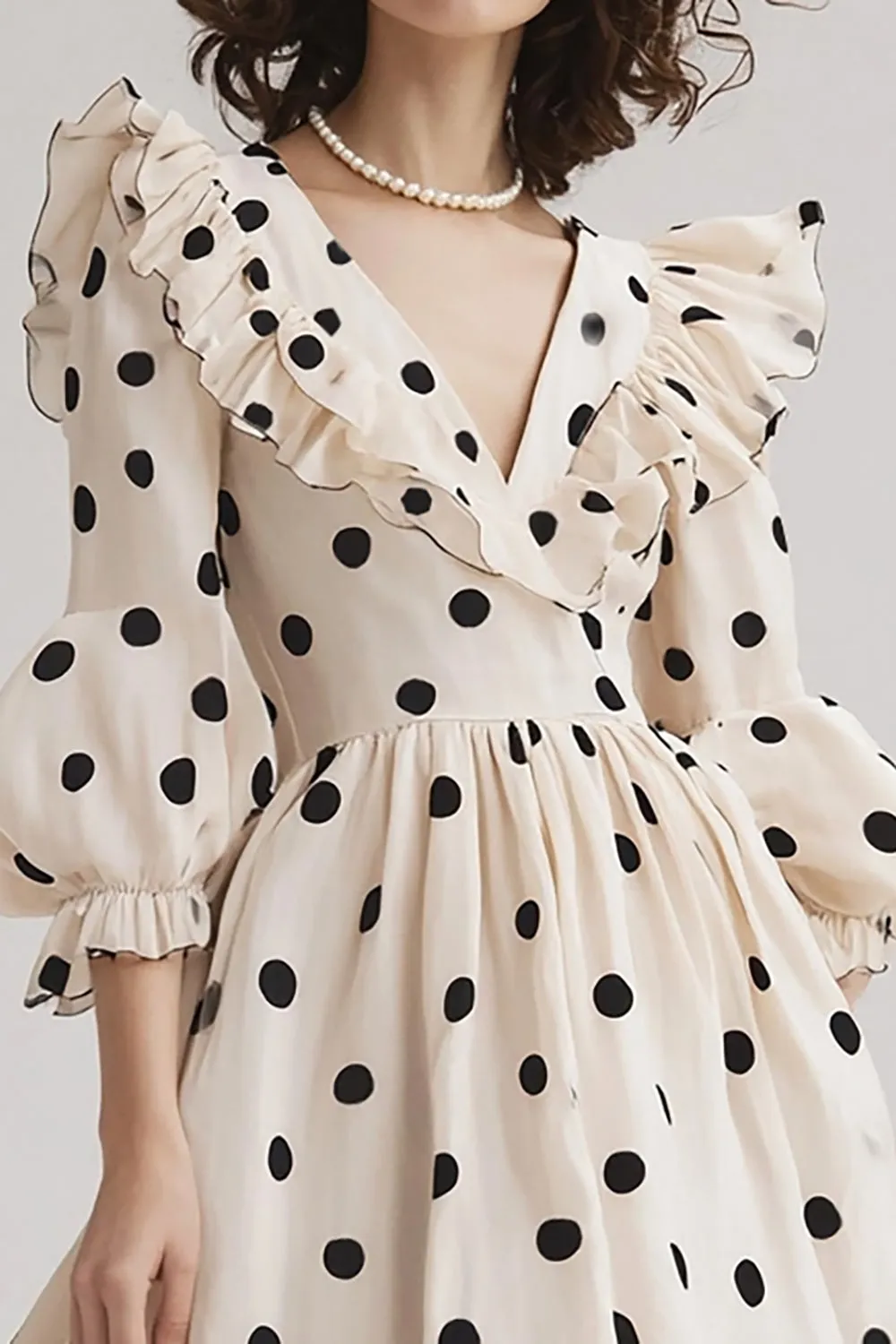 Ivory A Line V Neck Ruffled Black Polka Dots Dress with Puff Sleeves sold by Zapaka product image thumbnail 2