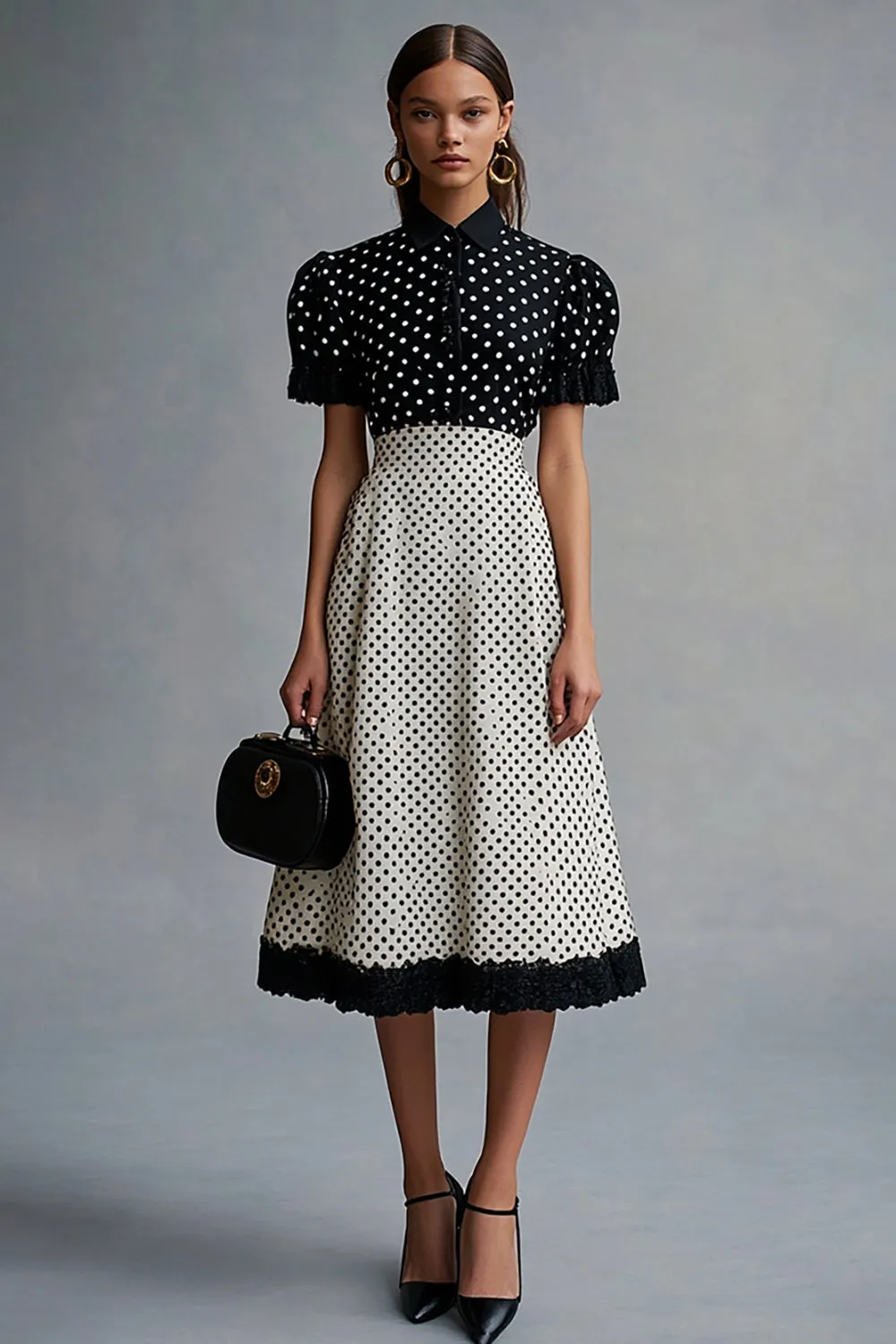 Vintage Ruffled Lapel Neck Black White Polka Dots Dress sold by Zapaka