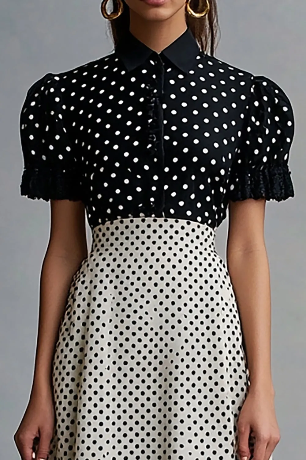 Vintage Ruffled Lapel Neck Black White Polka Dots Dress sold by Zapaka product image thumbnail 2