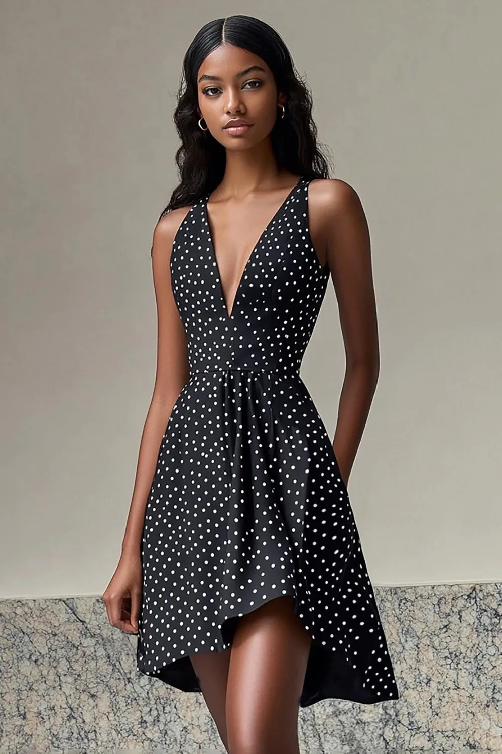 Black A Line V Neck Short White Polka Dots Dress sold by Zapaka