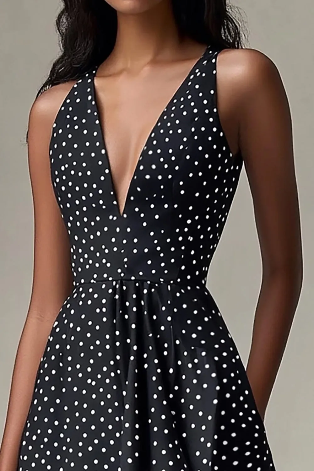 Black A Line V Neck Short White Polka Dots Dress sold by Zapaka product image thumbnail 2