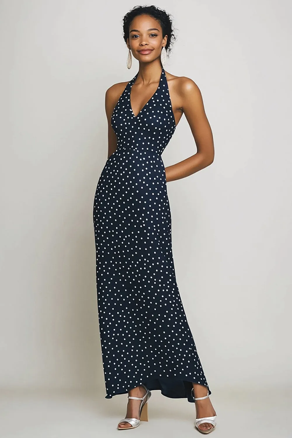 Halter Navy Sheath Long White Polka Dots Dress sold by Zapaka