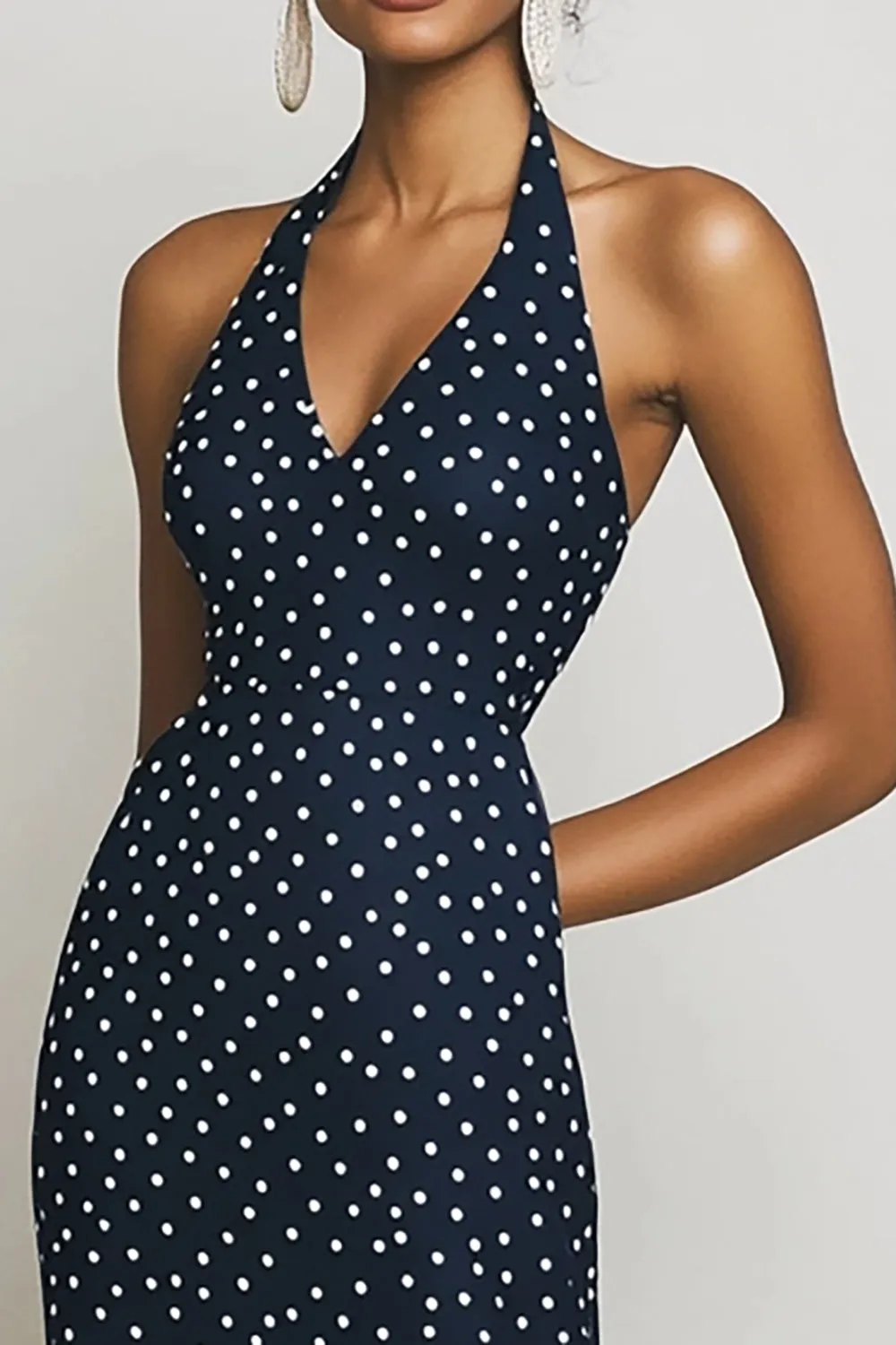 Halter Navy Sheath Long White Polka Dots Dress sold by Zapaka product image thumbnail 2