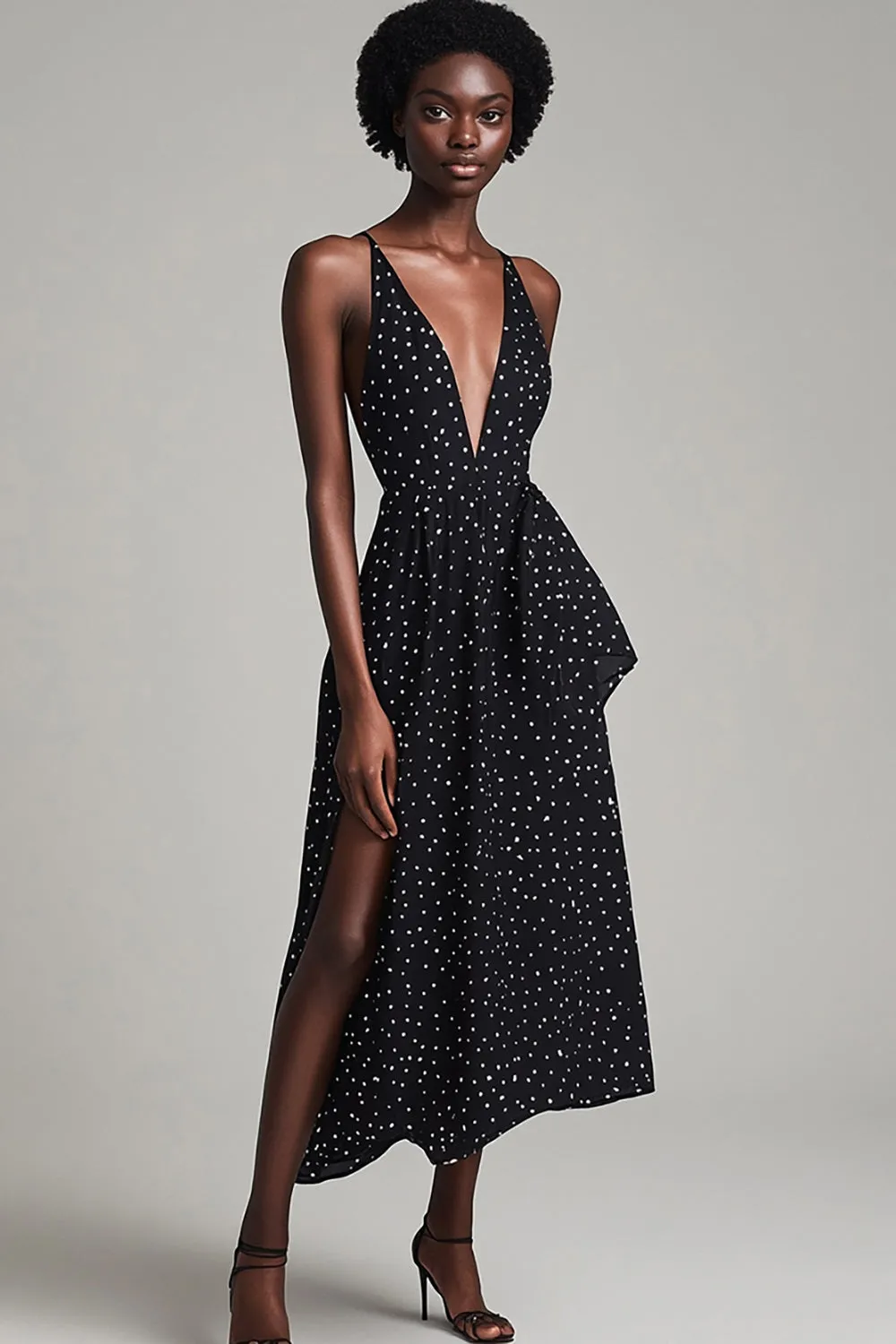 Black Deep V Neck Midi White Polka Dots Summer Cocktail Dress with Slit sold by Zapaka