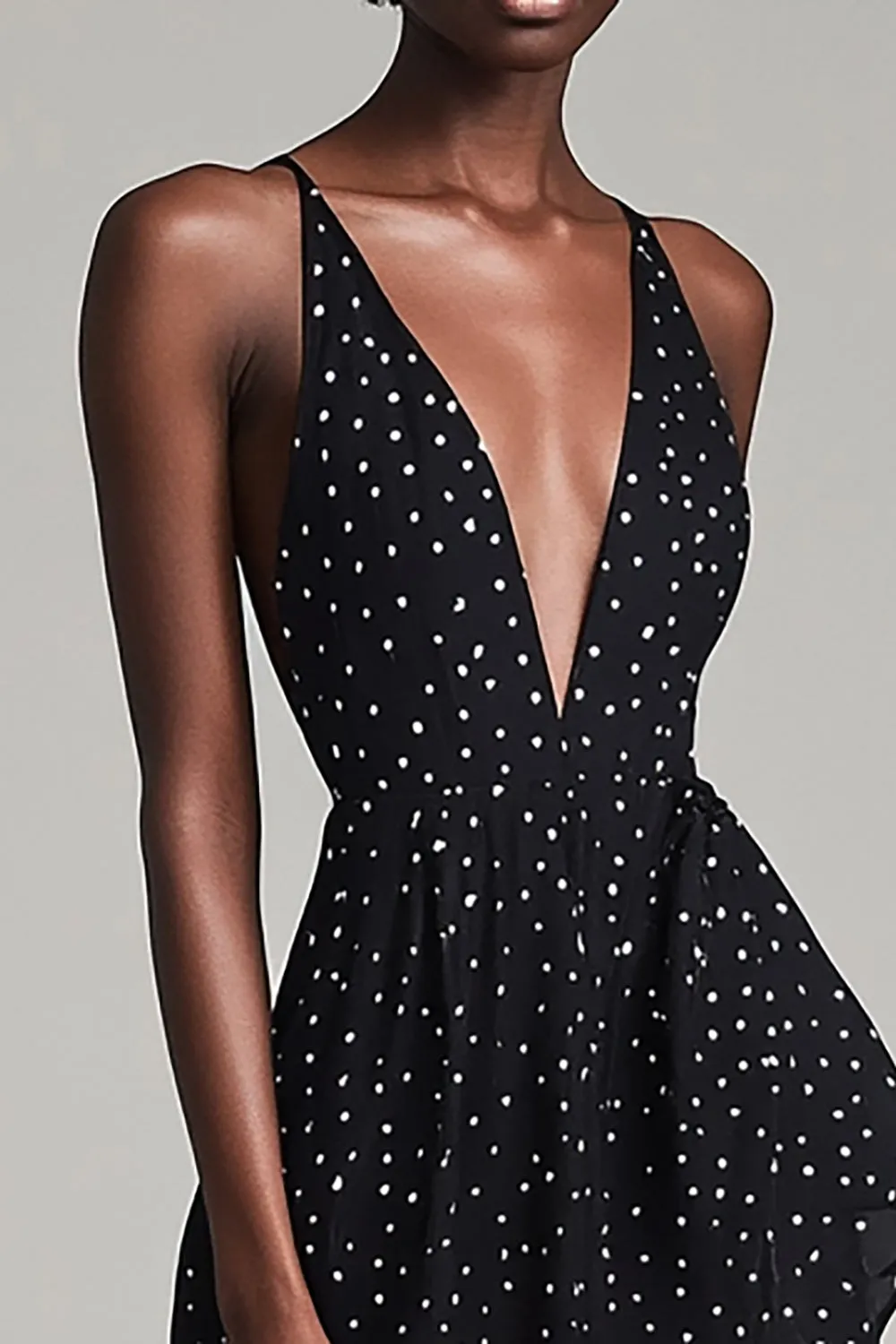 Black Deep V Neck Midi White Polka Dots Summer Cocktail Dress with Slit sold by Zapaka product image thumbnail 2