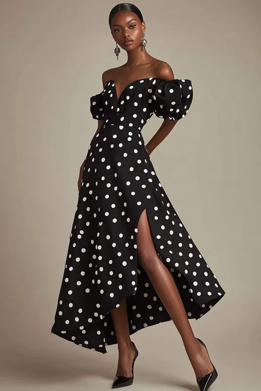 Black A Line Off The Shoulder White Polka Dots Dress with Slit sold by Zapaka