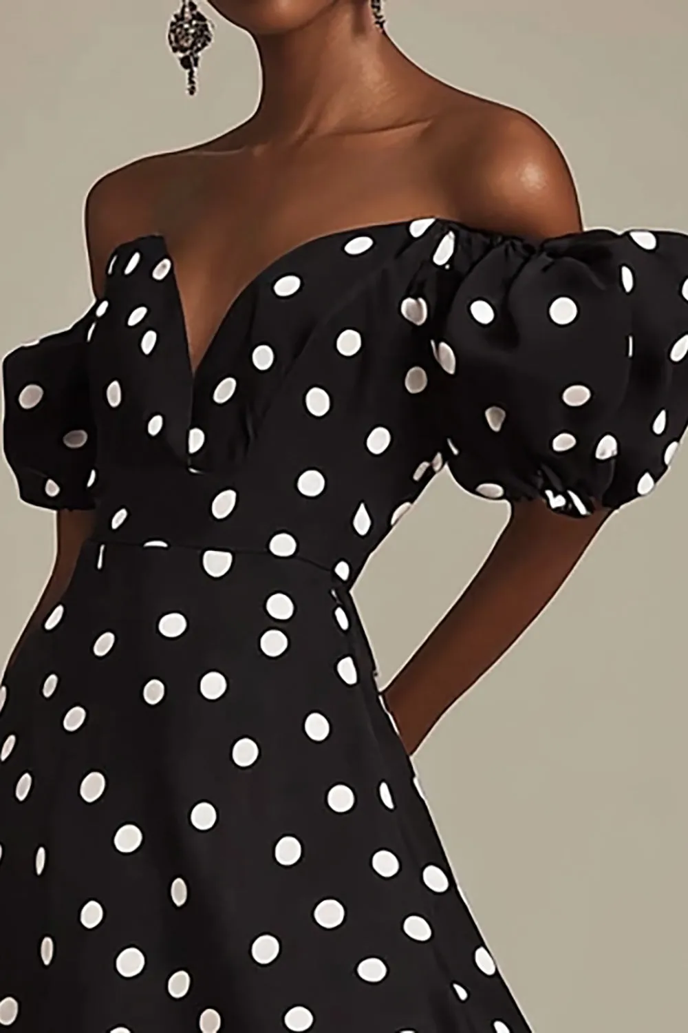 Black A Line Off The Shoulder White Polka Dots Dress with Slit sold by Zapaka product image thumbnail 2