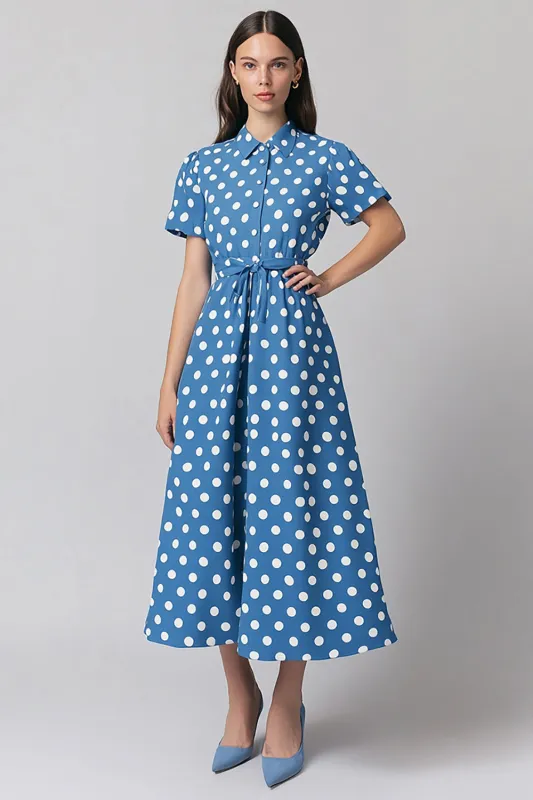 Blue A Line White Polka Dots Dress with Short Sleeves sold by Zapaka