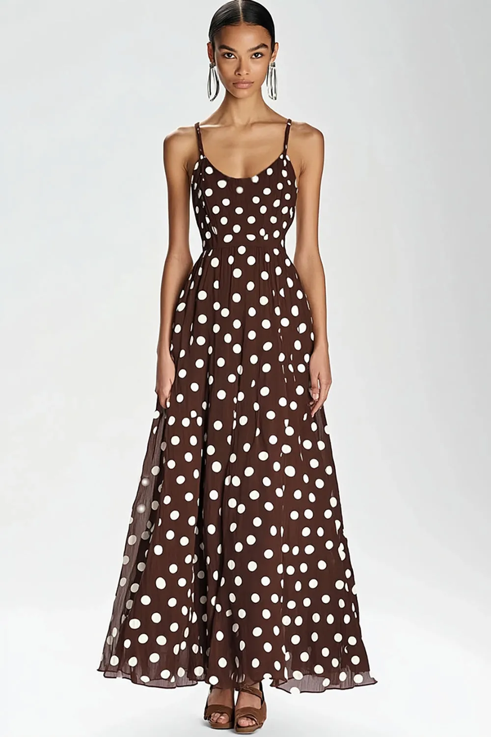 Coffee Spaghetti Straps Long A Line White Polka Dots Dress sold by Zapaka