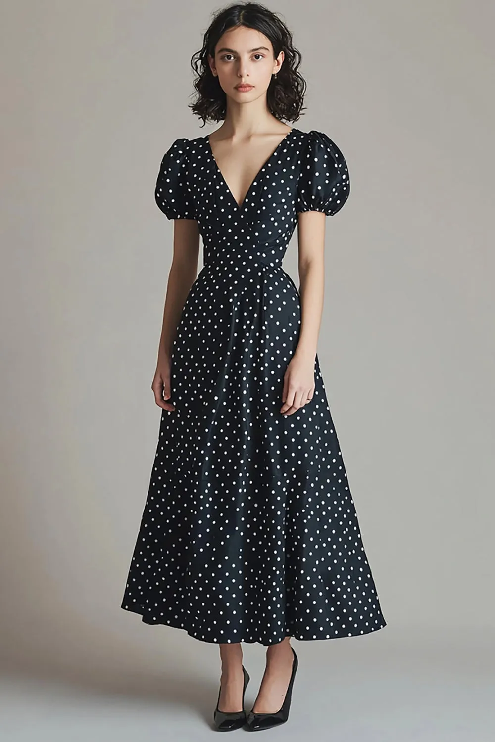 A Line Satin Black White Polka Dots Dress with Puff Sleeves sold by Zapaka
