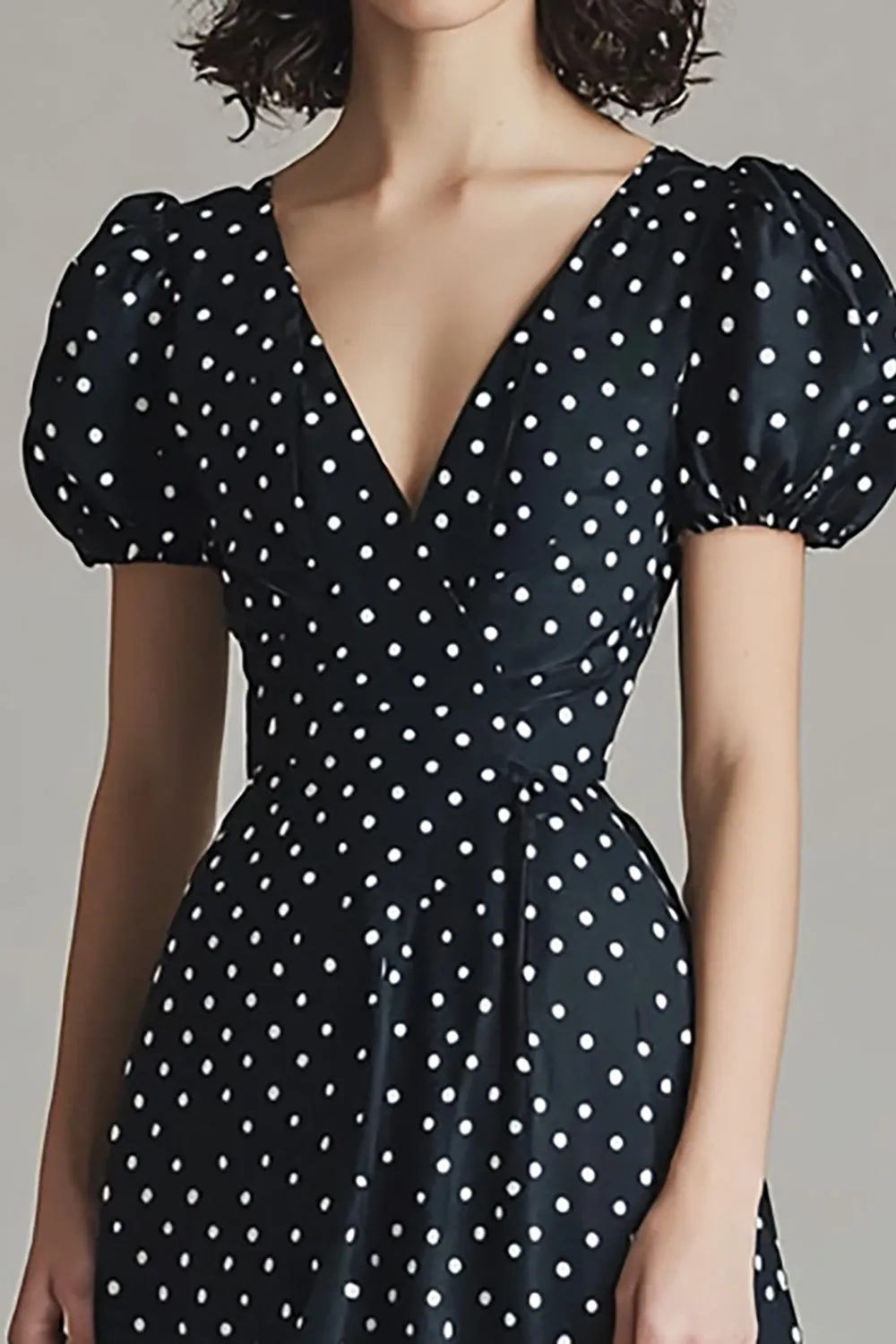A Line Satin Black White Polka Dots Dress with Puff Sleeves sold by Zapaka product image thumbnail 2