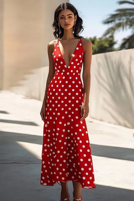Red Spaghetti Straps V-Neck A Line White Polka Dots Dress sold by Zapaka