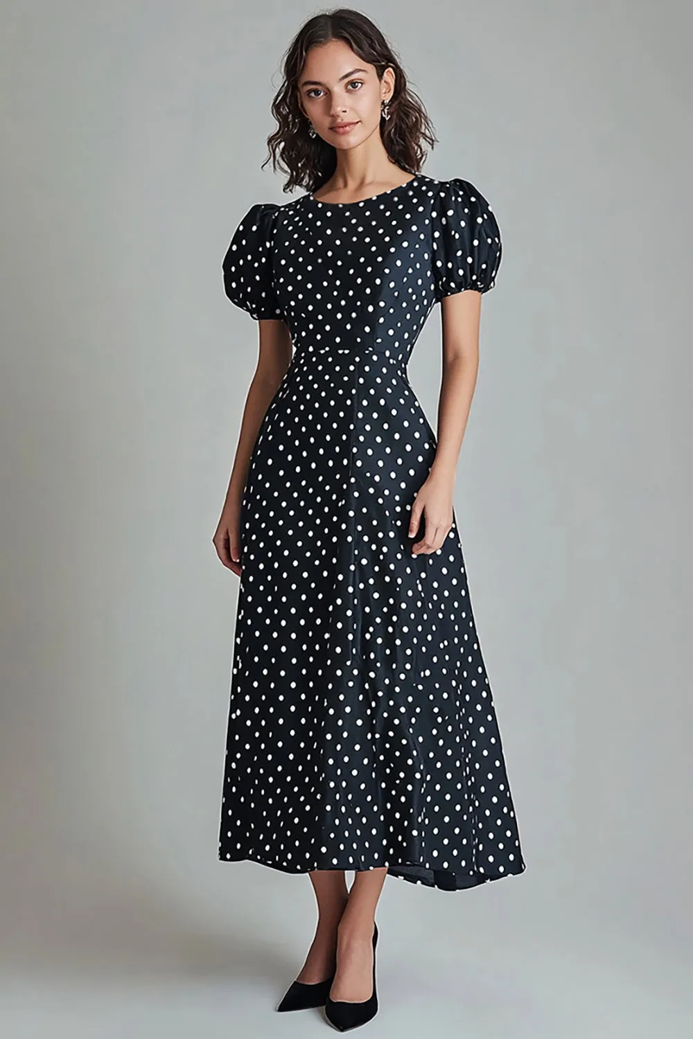 Black Round Neck A-Line Long White Polka Dots Dress sold by Zapaka