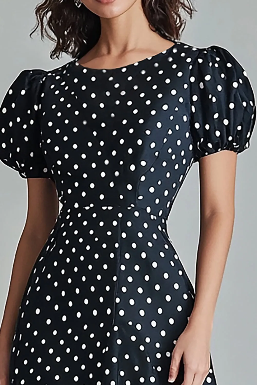 Black Round Neck A-Line Long White Polka Dots Dress sold by Zapaka product image thumbnail 2