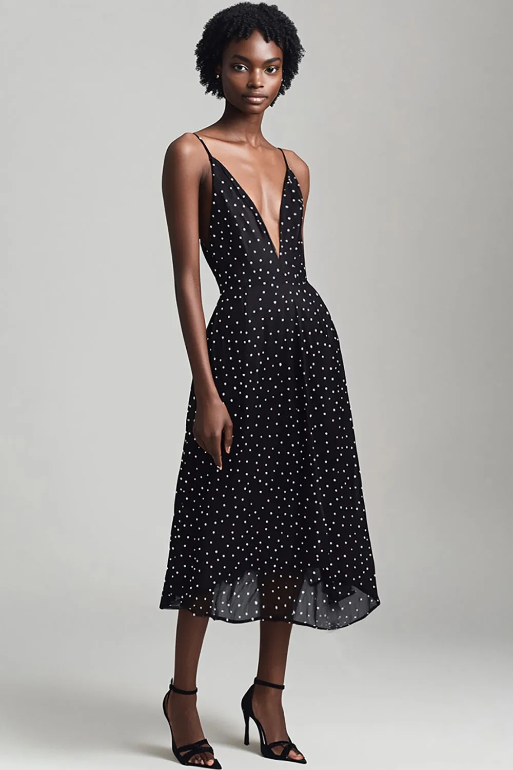 Black V Neck Spaghetti Straps A Line White Polka Dots Dress sold by Zapaka