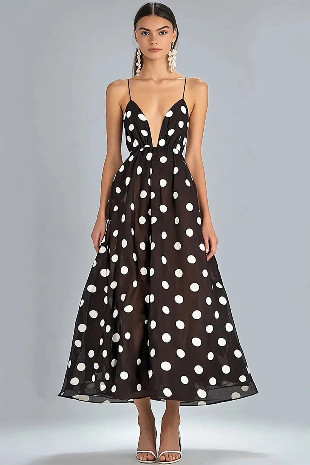 Coffee A-Line Spaghetti Straps White Polka Dots Dress sold by Zapaka