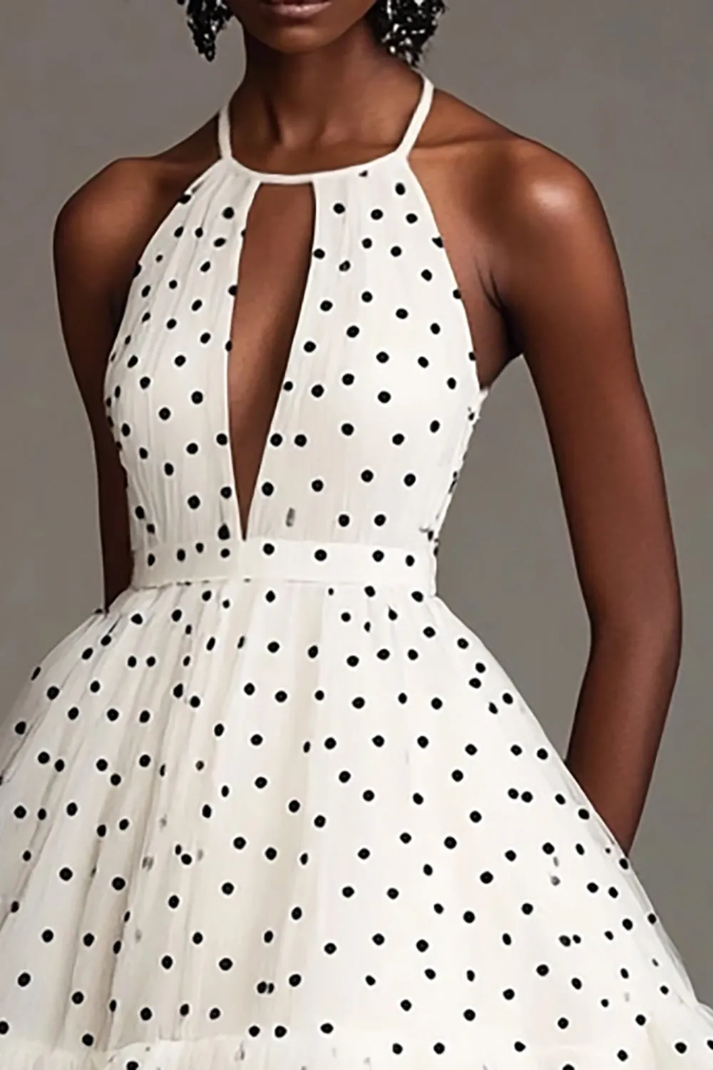 White A Line Halter Cut Out Black Polka Dot Dress sold by Zapaka product image thumbnail 2