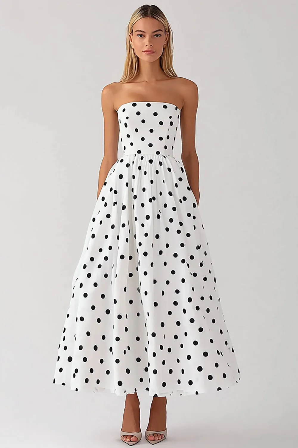 White Strapless A Line Black Polka Dots Dress sold by Zapaka