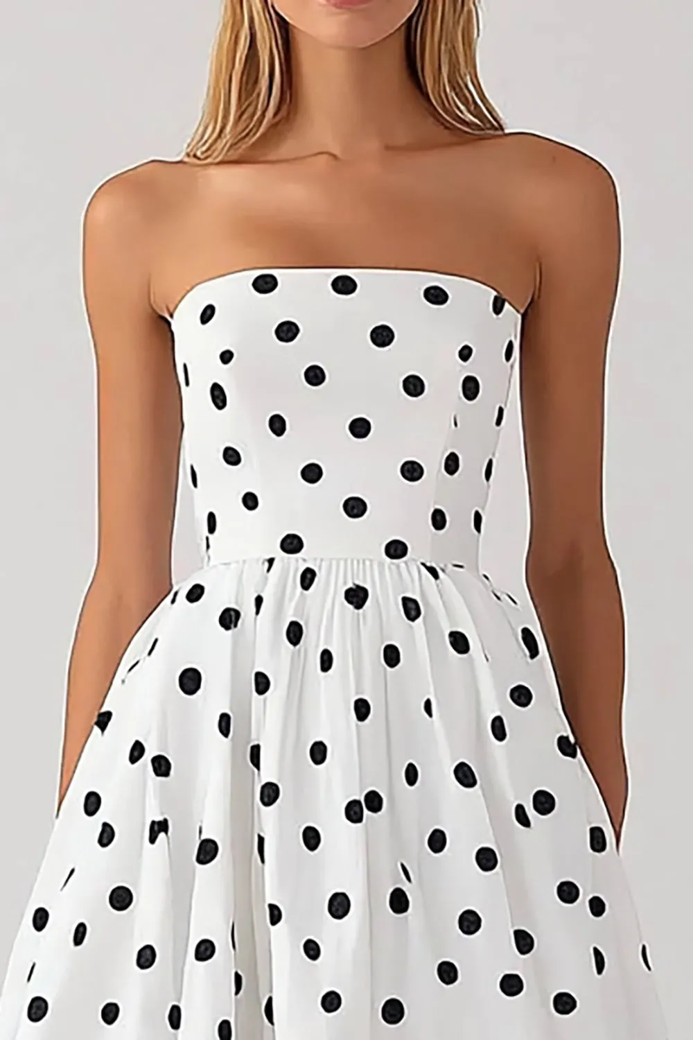 White Strapless A Line Black Polka Dots Dress sold by Zapaka product image thumbnail 2