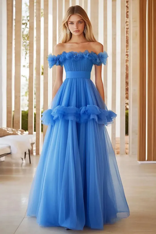 Blue A-Line Off The Shoulder Long Prom Dress With Ruffles sold by Zapaka