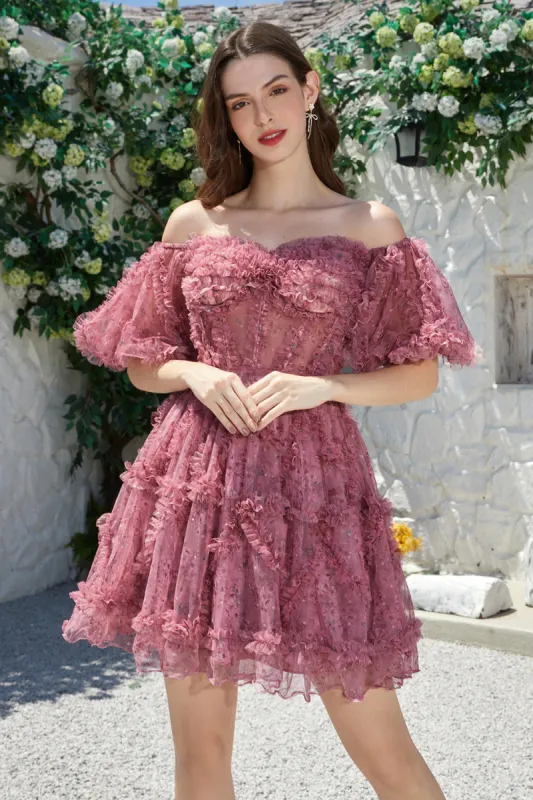 Beautiful A Line Off the Shoulder Dusty Rose Tulle Short Homecoming Dress with Short Sleeves made by Zapaka