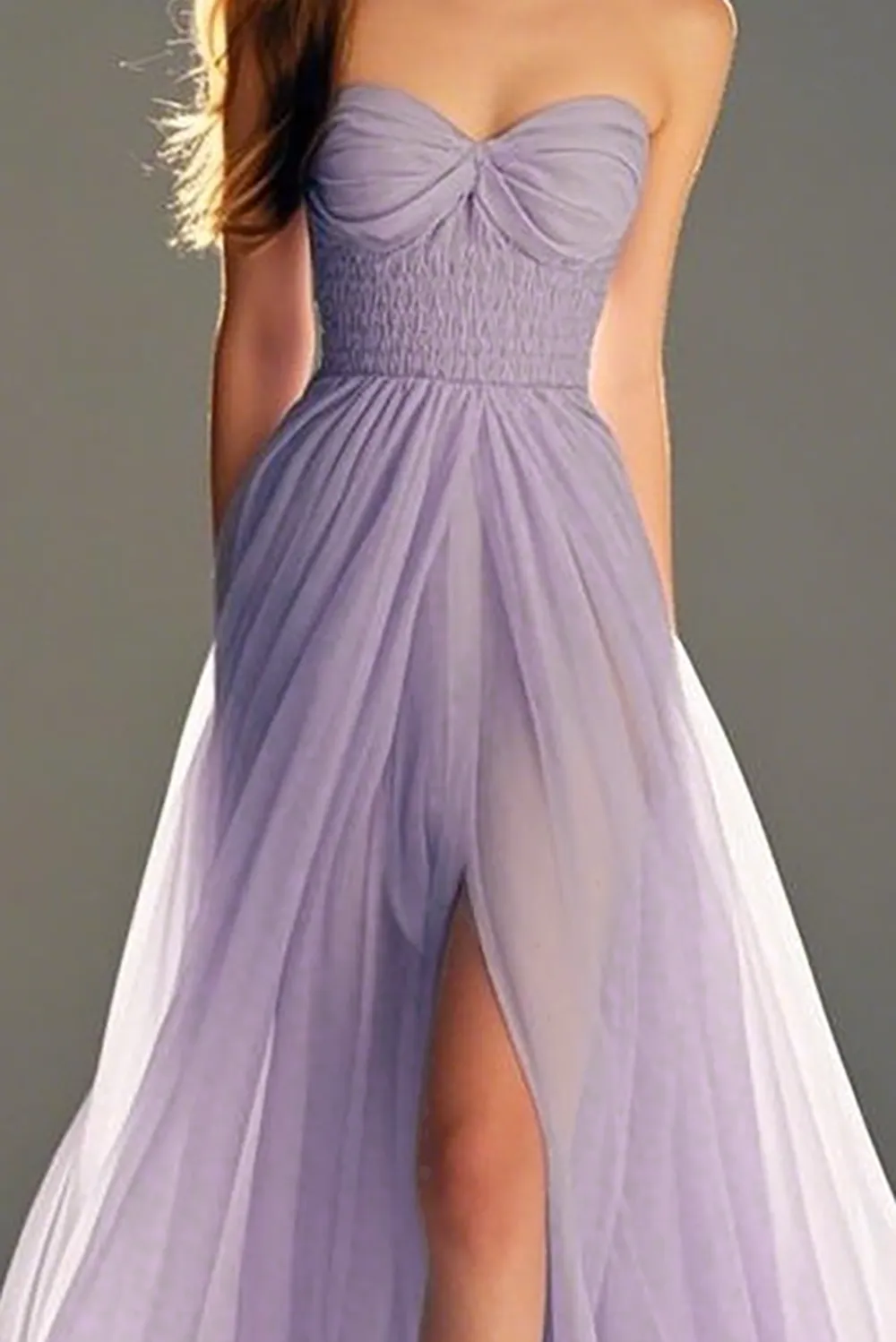 Pastel Purple A-Line Lace Strapless Pleated Full-Length Prom Dress With Slit sold by Zapaka product image thumbnail 2