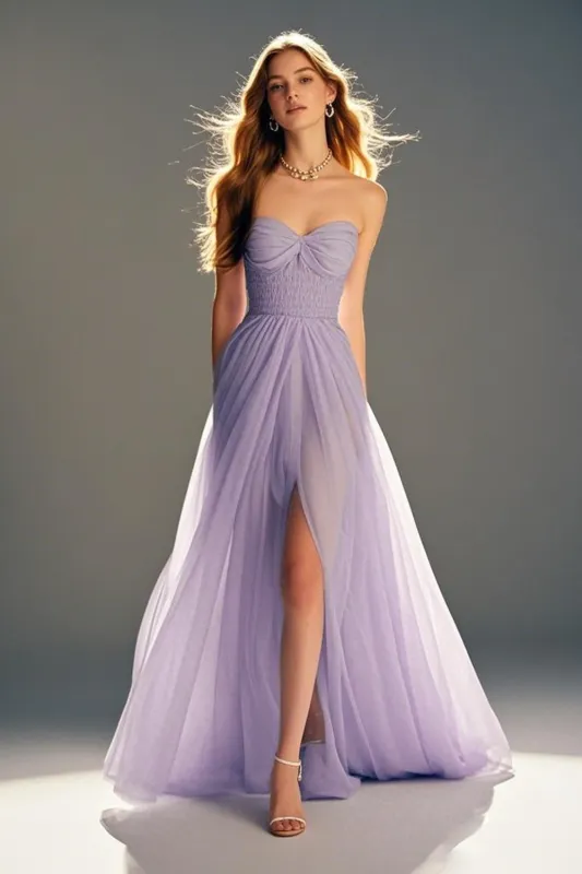 Pastel Purple A-Line Lace Strapless Pleated Full-Length Prom Dress With Slit sold by Zapaka