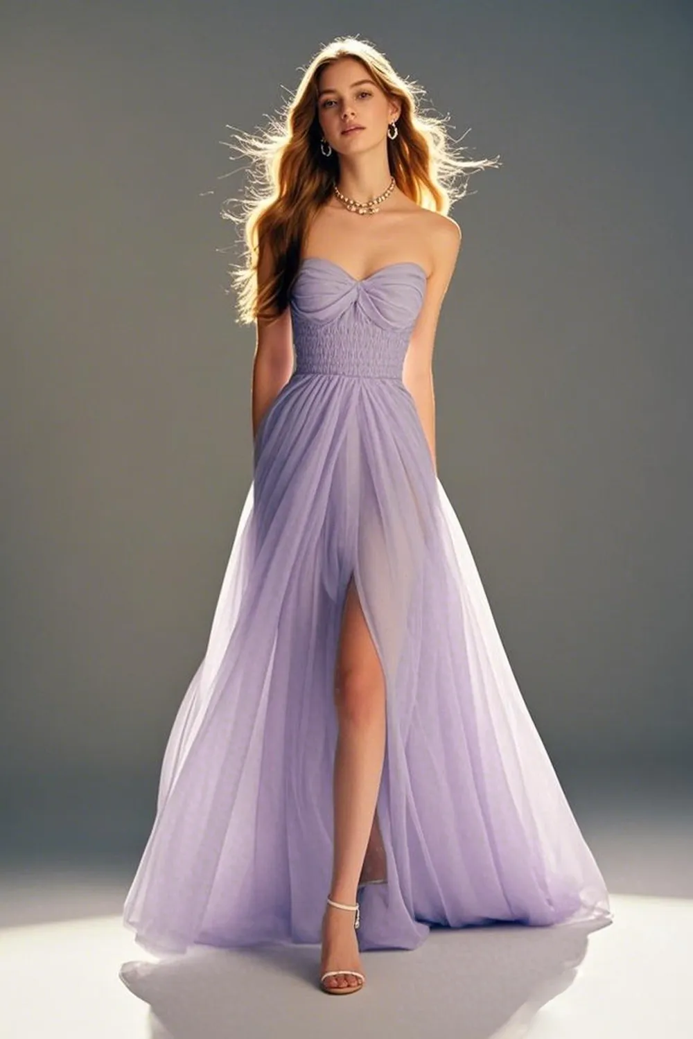 Pastel Purple A-Line Lace Strapless Pleated Full-Length Prom Dress With Slit sold by Zapaka