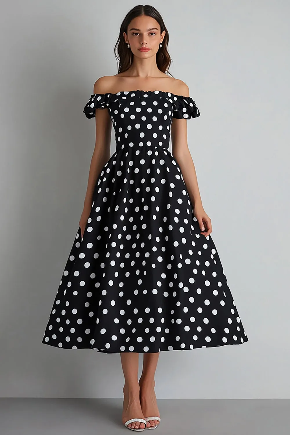 Off The Shoulder A Line Black White Polka Dots Dress sold by Zapaka