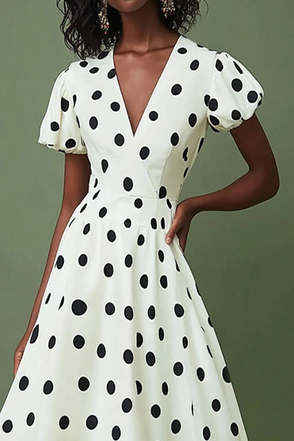 A Line White Black Polka Dot Dress with Puff Sleeves sold by Zapaka product image thumbnail 2
