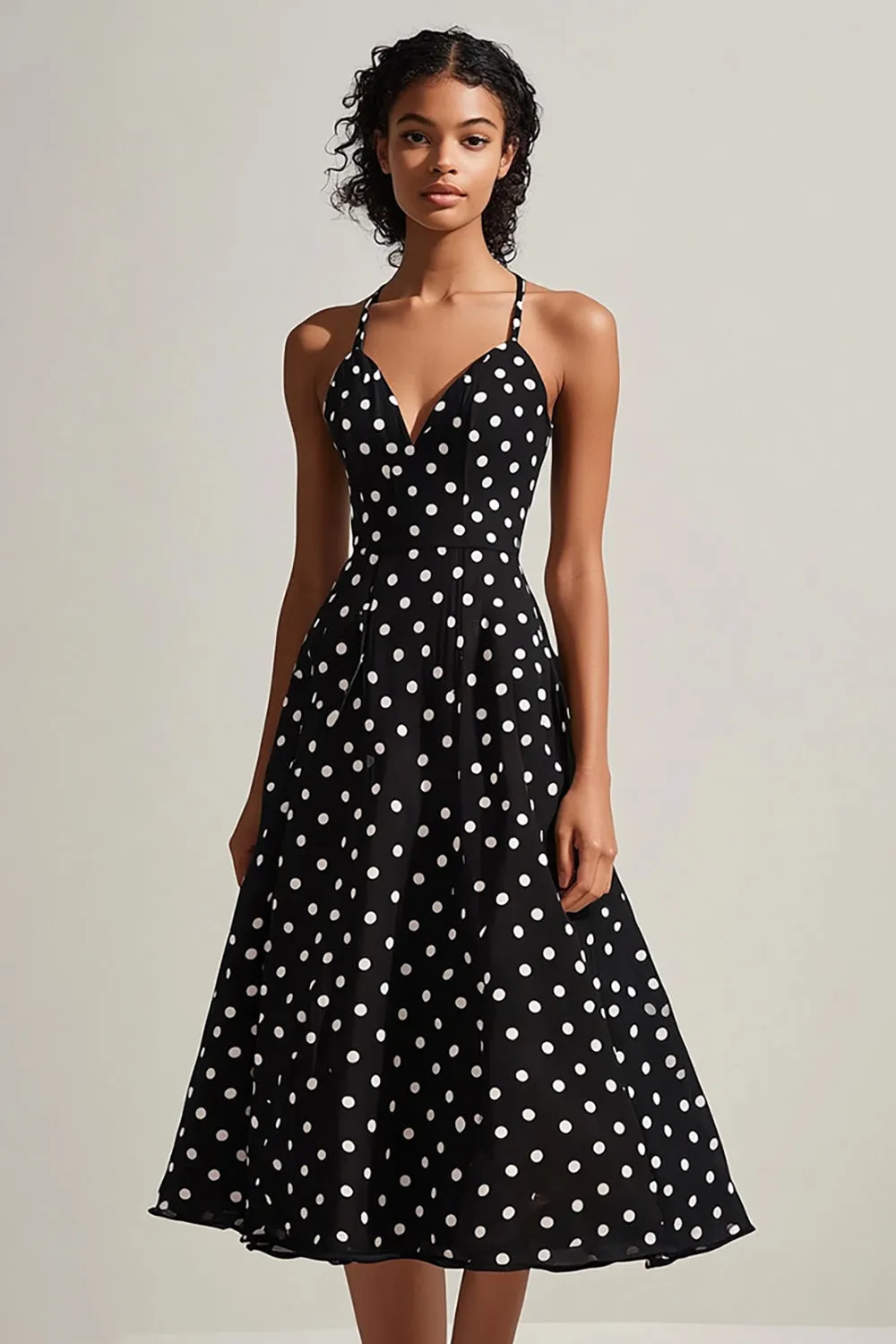 Black White Spaghetti Straps A-Line Polka Dots Dress sold by Zapaka