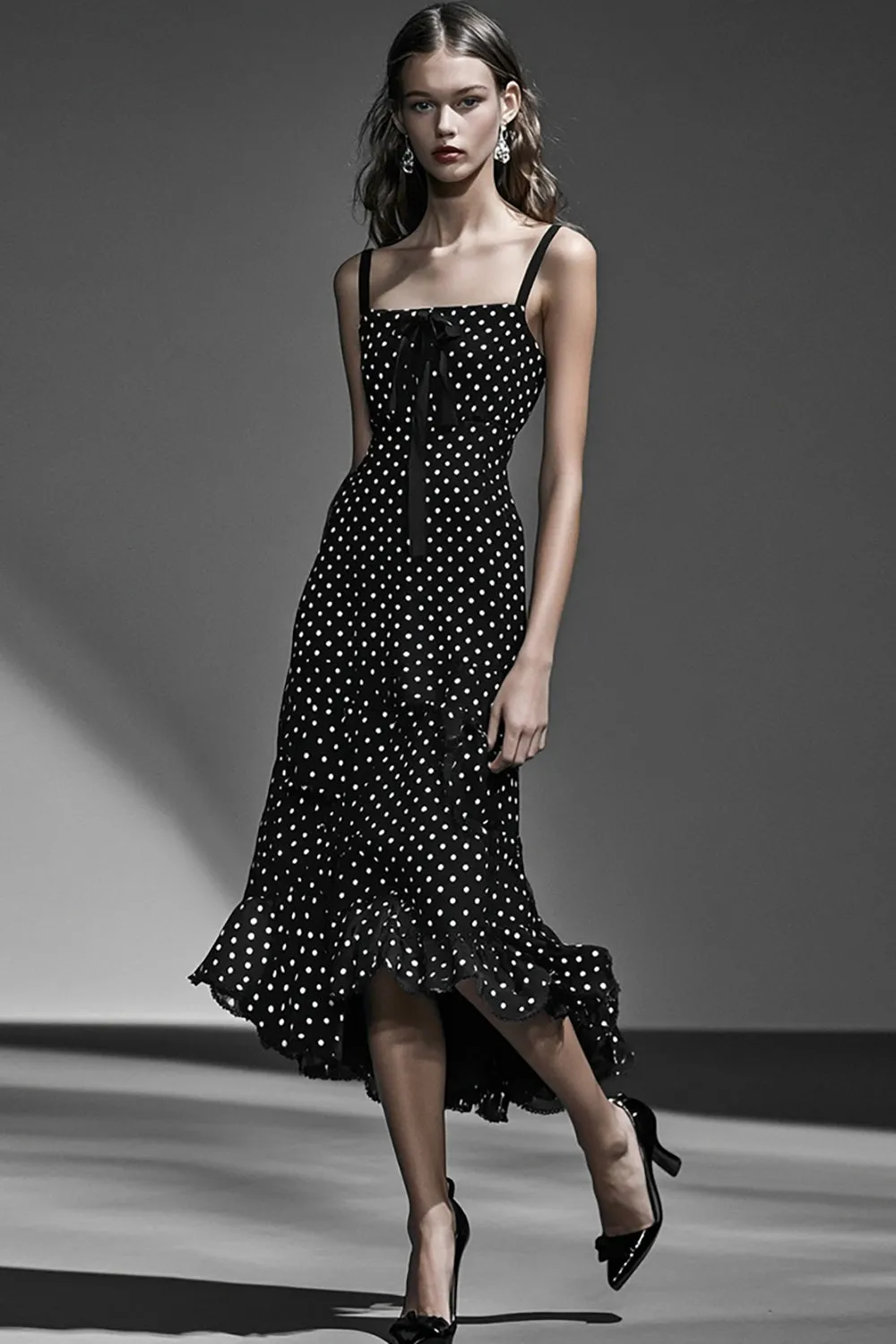 Chiffon Black White Ruffled A Line Polka Dots Dress sold by Zapaka