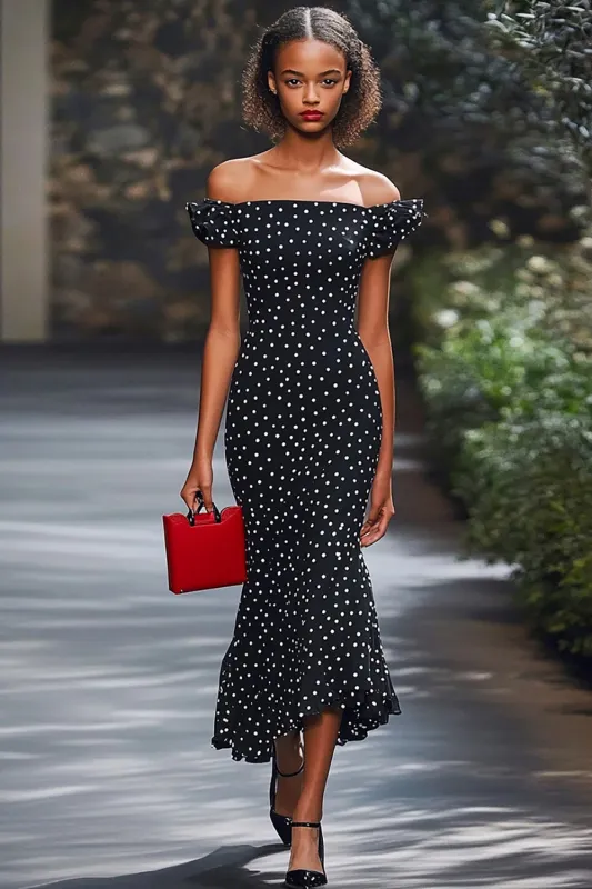 Mermaid Off The Shoulder Black White Polka Dot Dress sold by Zapaka