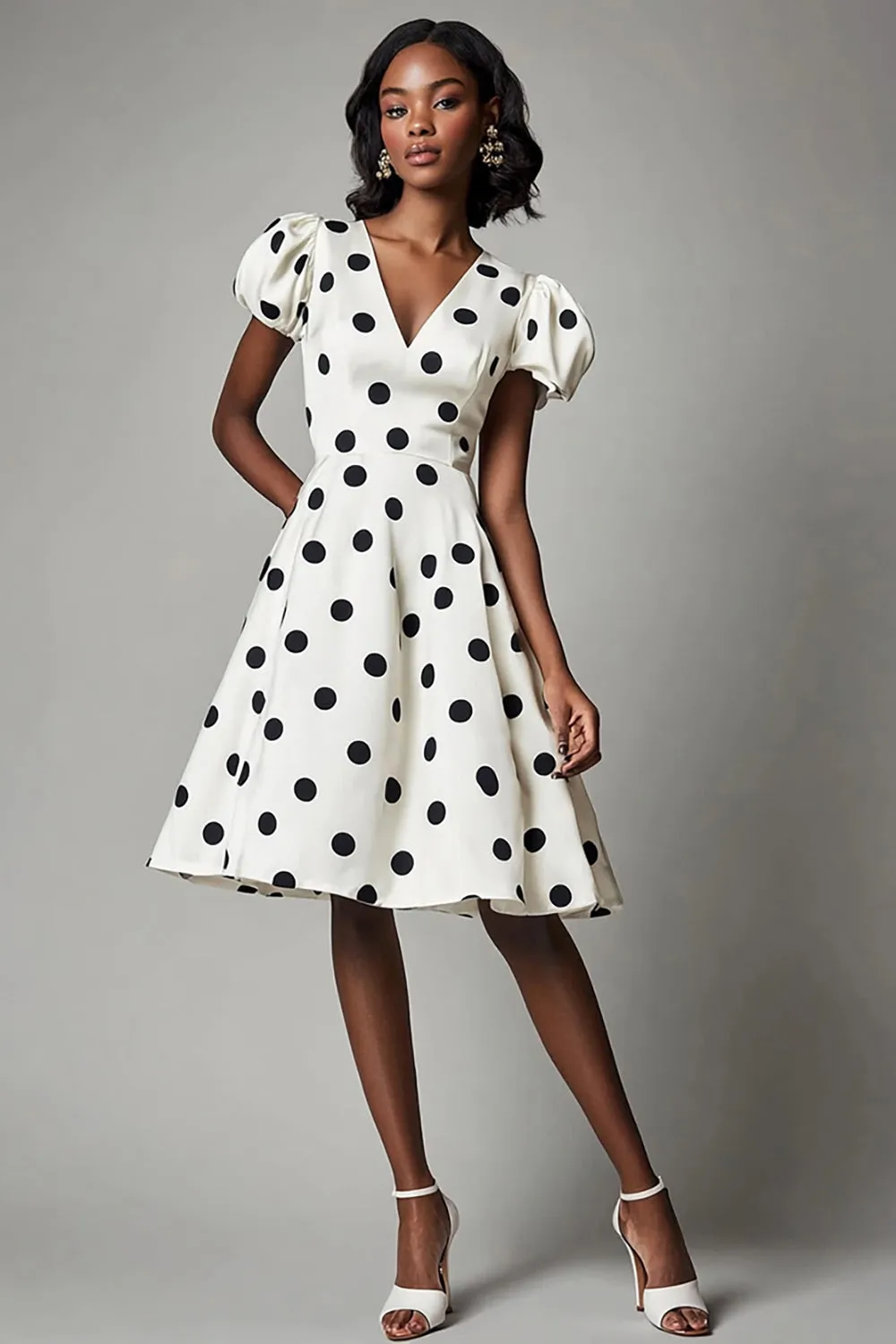 A Line White Black Polka Dots Dress with Puff Sleeves sold by Zapaka