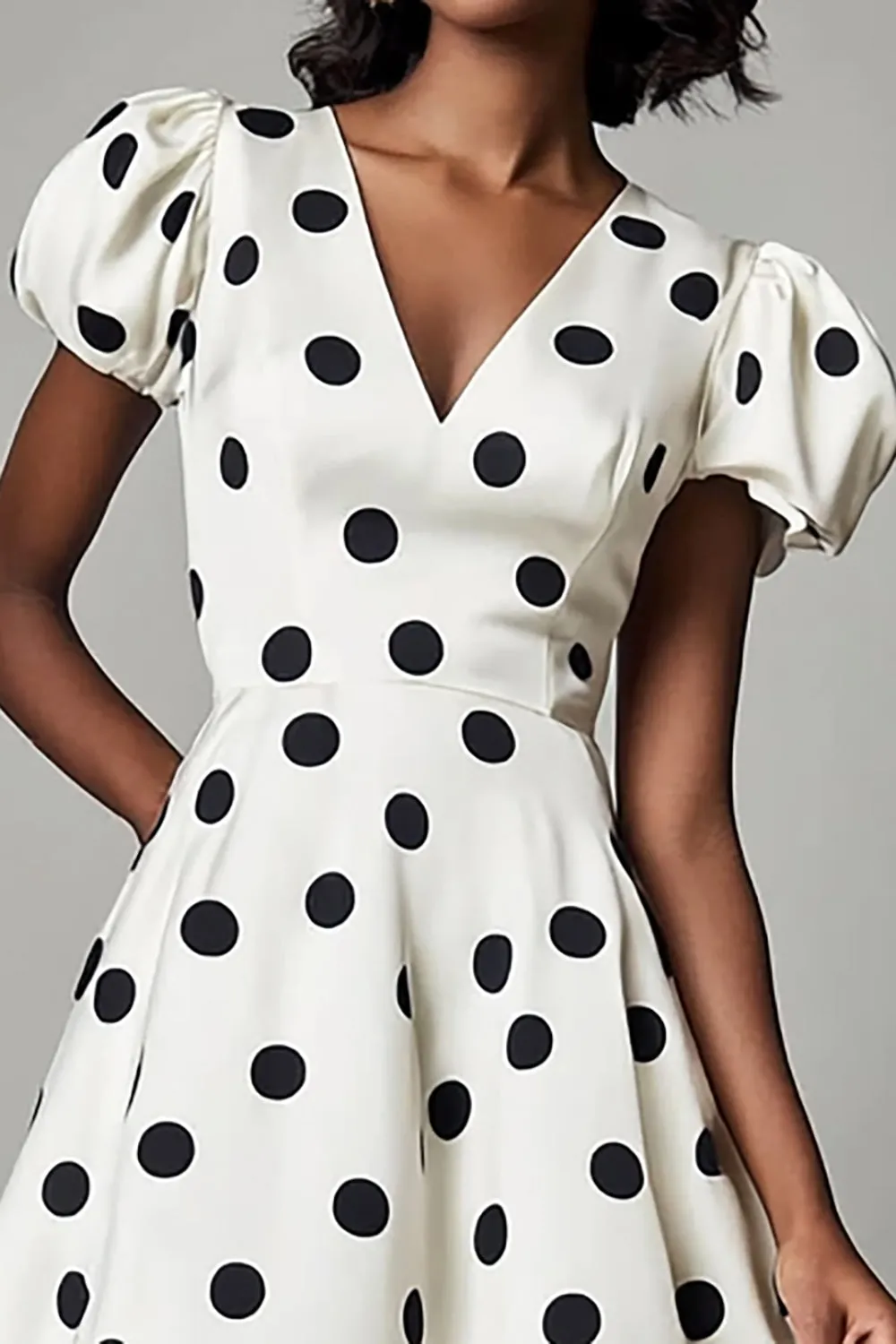 A Line White Black Polka Dots Dress with Puff Sleeves sold by Zapaka product image thumbnail 2