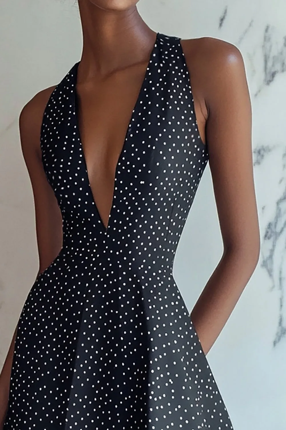 A Line Halter V Neck Mini Black White Polka Dots Dress sold by Zapaka product image thumbnail 2