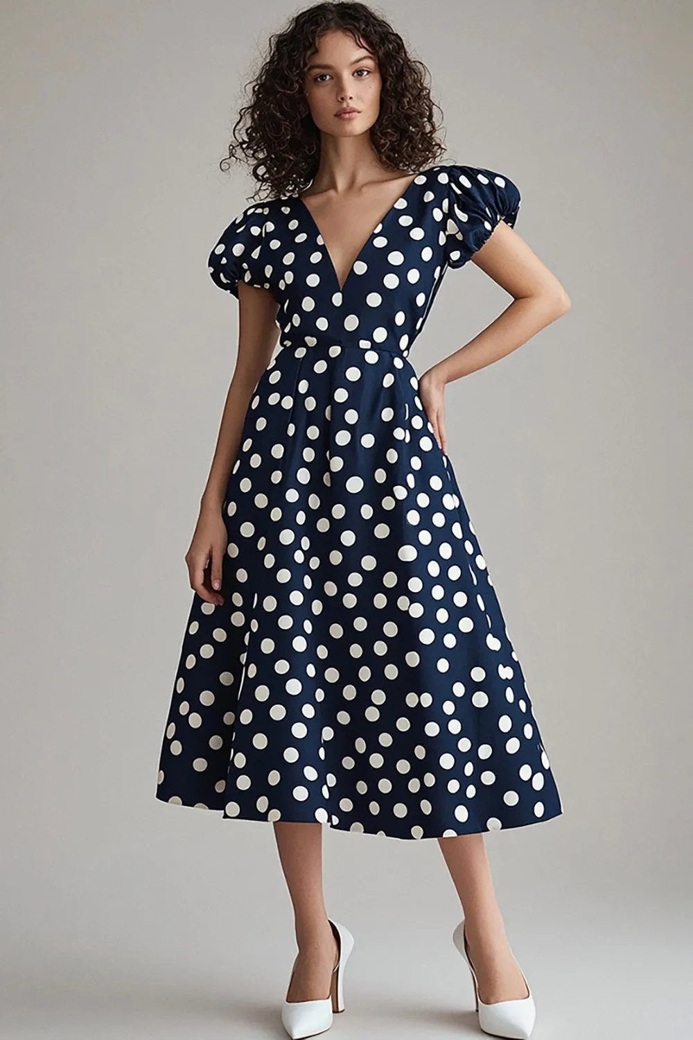 Navy White A Line Polka Dots Dress with Puff Sleeves sold by Zapaka
