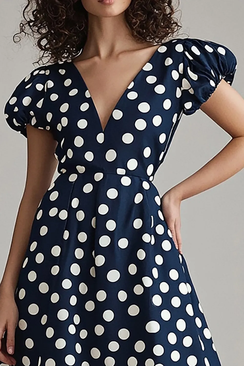 Navy White A Line Polka Dots Dress with Puff Sleeves sold by Zapaka product image thumbnail 2