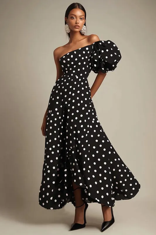 One Shoulder A Line Black White Polka Dots Dress sold by Zapaka